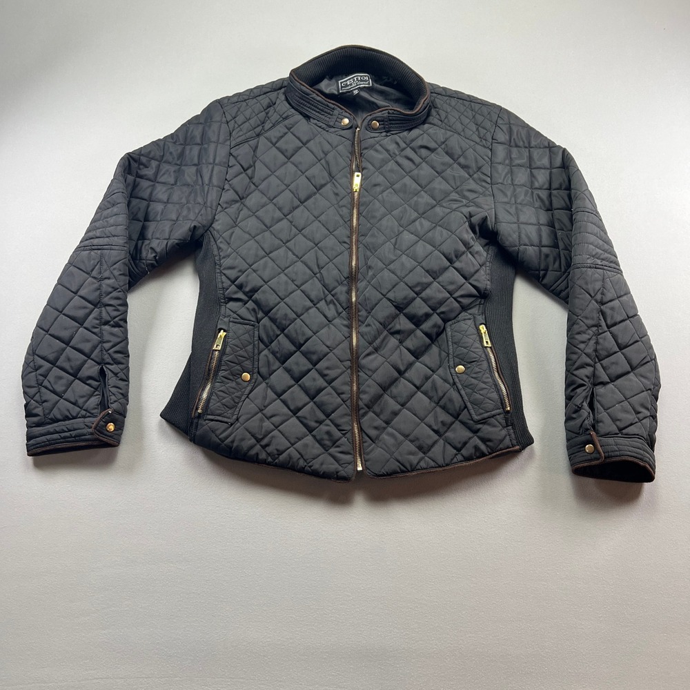 C'EST TOI Bomber Jacket Womens 2XL Black Lined Quilted Ribbed Insulated Full Zip